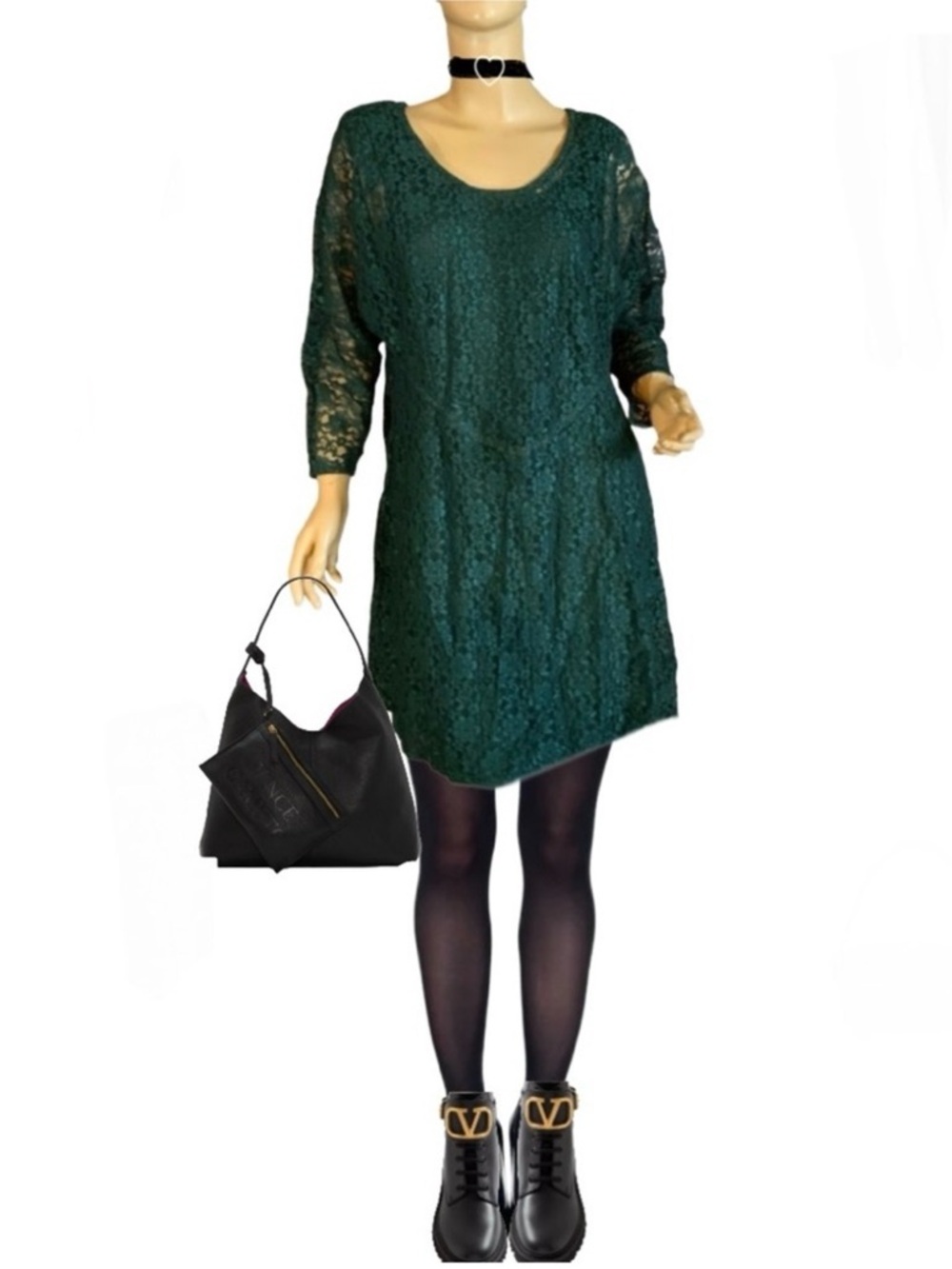 VINTAGE 1990'S JAZZ II HUNTER GREEN LACE MINI DRESS W/LINING (12)